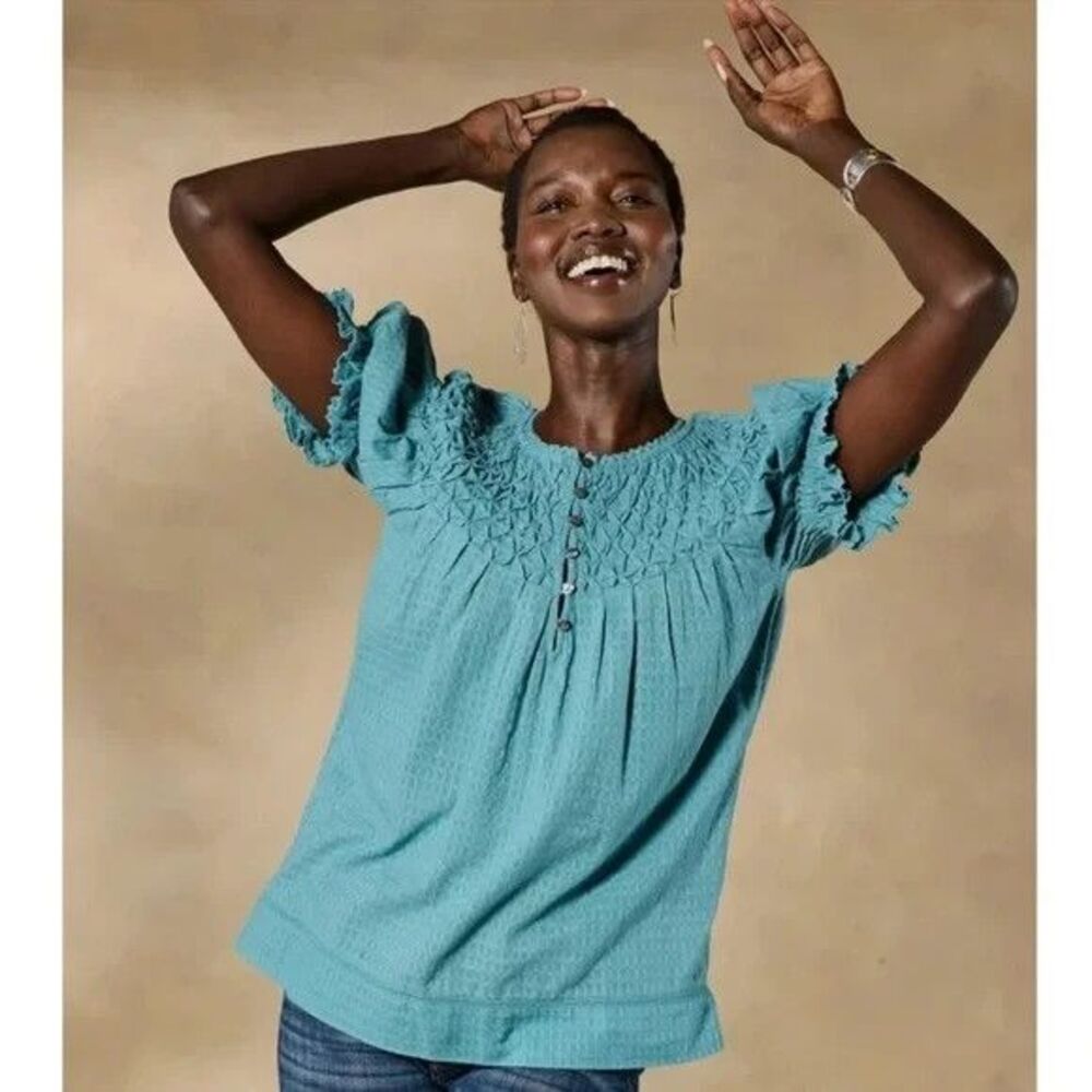 Sundance Lodi Smocked Top Womens XL Brittany Blue Romantic Boho 100% Cotton